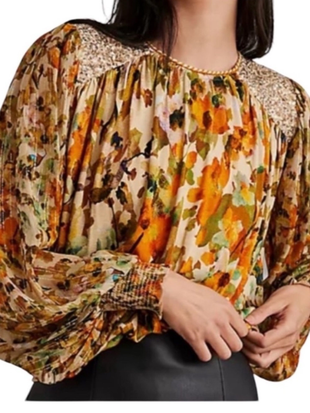Anthropologie Bl^nk Floral Print Metallic Gold Sequin Balloon Sleeve Top - XS